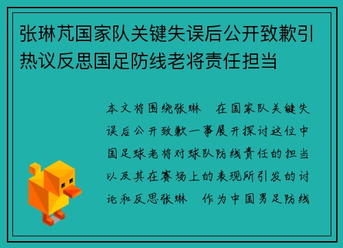 张琳芃国家队关键失误后公开致歉引热议反思国足防线老将责任担当